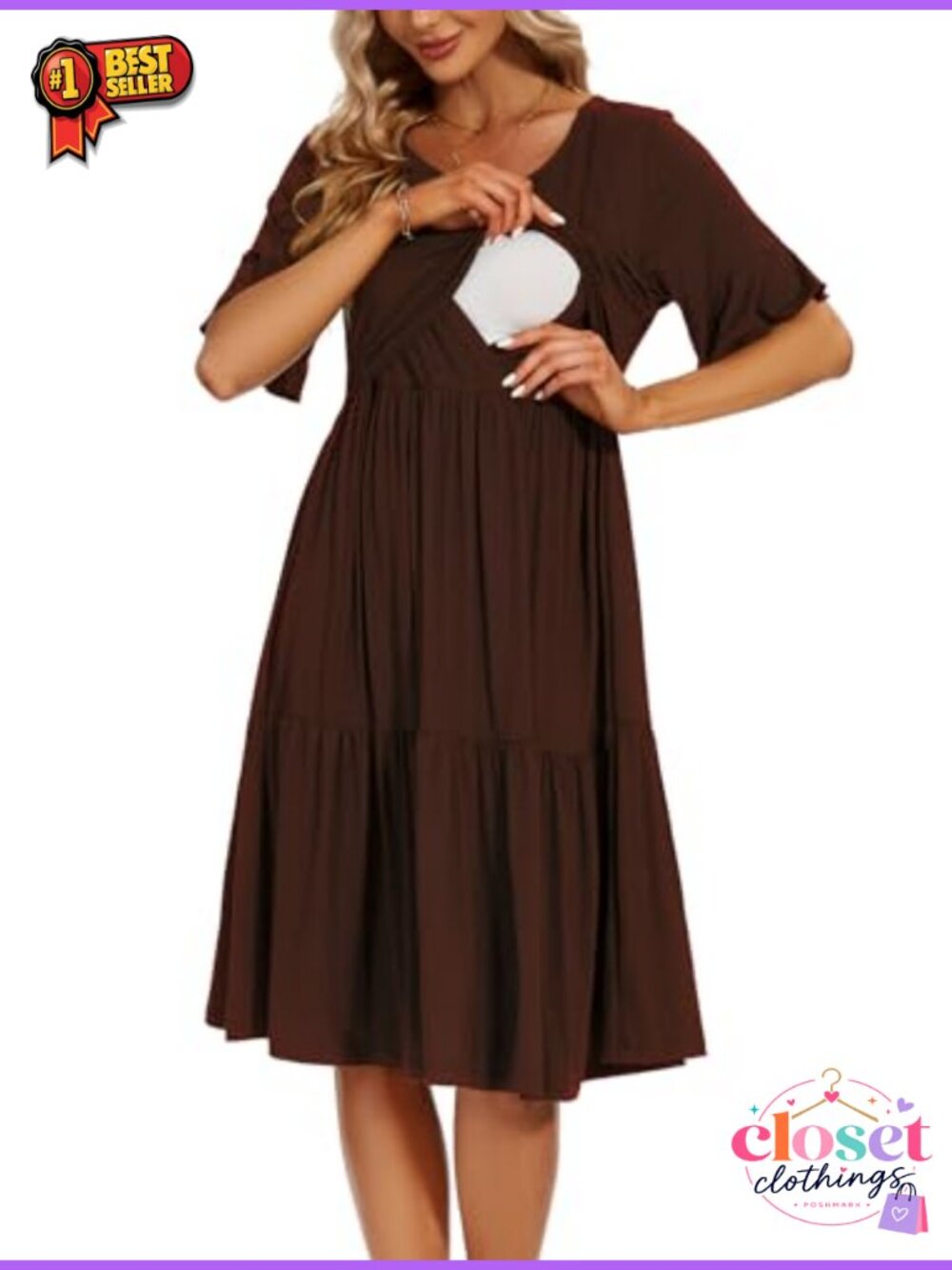 Ruffle Short Sleeve Maternity Nursing Dress A-Line Maxi
